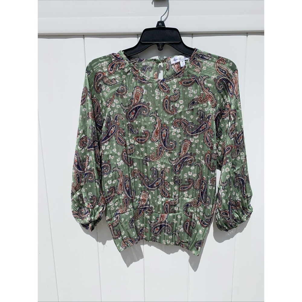 Stem and Vine Women Green Paisley Peasant Top Sheer Elastic Hem Sz Medium